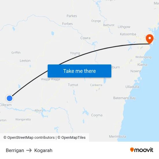 Berrigan to Kogarah map