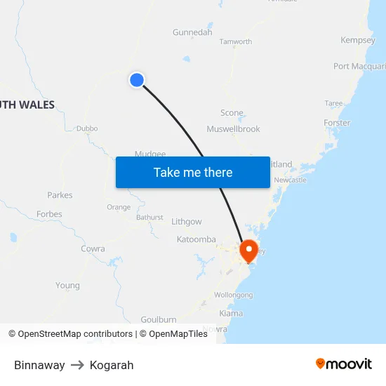 Binnaway to Kogarah map