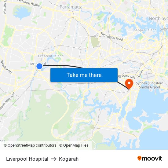 Liverpool Hospital to Kogarah map