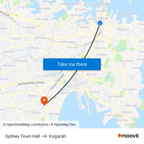 Sydney Town Hall to Kogarah map