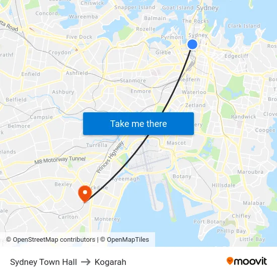 Sydney Town Hall to Kogarah map