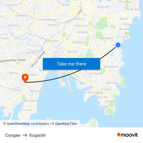 Coogee to Kogarah map