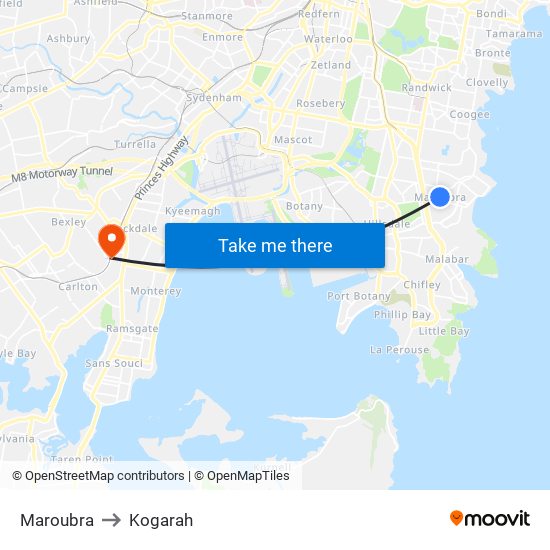 Maroubra to Kogarah map