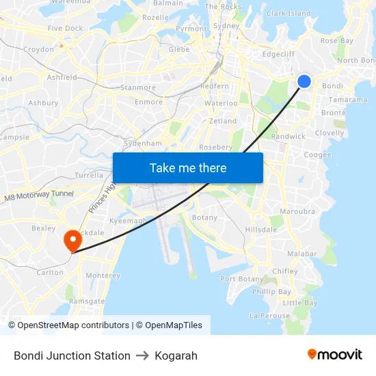 Bondi Junction Station to Kogarah map