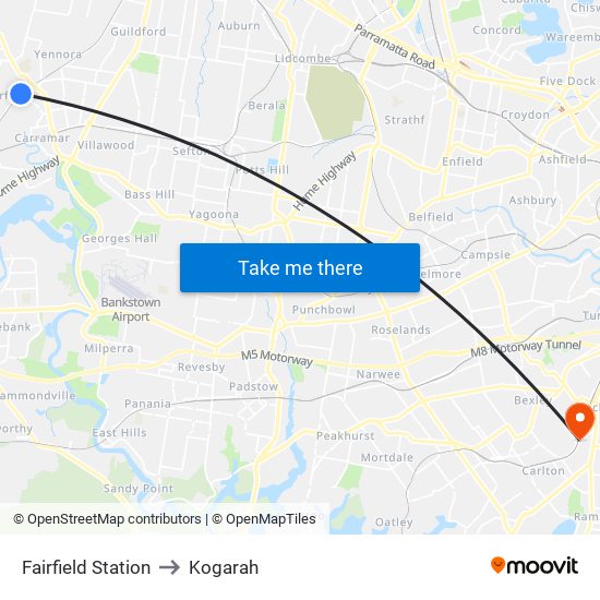 Fairfield Station to Kogarah map