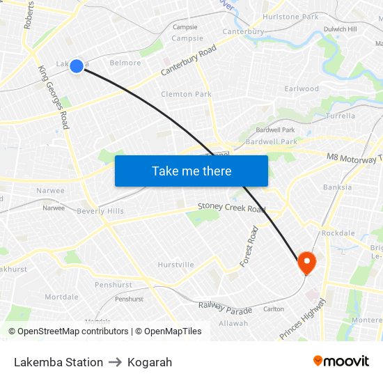 Lakemba Station to Kogarah map