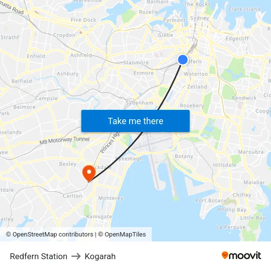 Redfern Station to Kogarah map