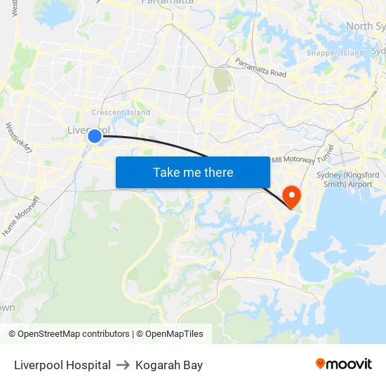 Liverpool Hospital to Kogarah Bay map