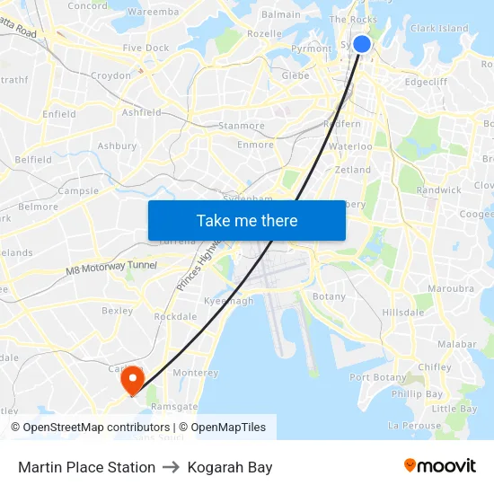 Martin Place Station to Kogarah Bay map