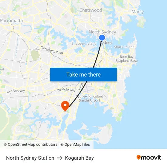 North Sydney Station to Kogarah Bay map
