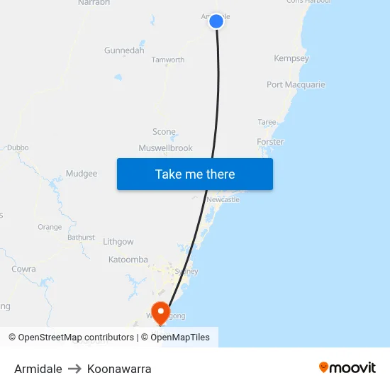 Armidale to Koonawarra map