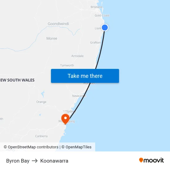 Byron Bay to Koonawarra map