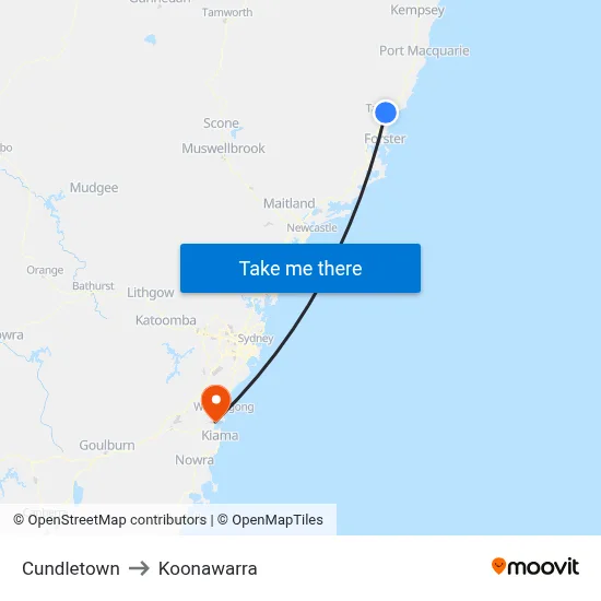 Cundletown to Koonawarra map