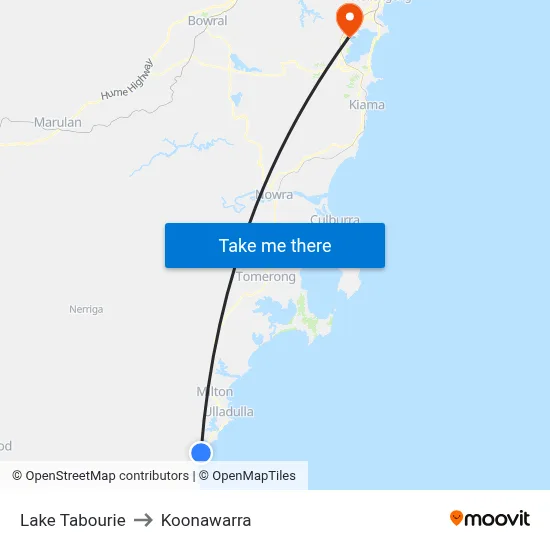 Lake Tabourie to Koonawarra map