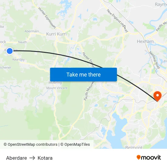 Aberdare to Kotara map