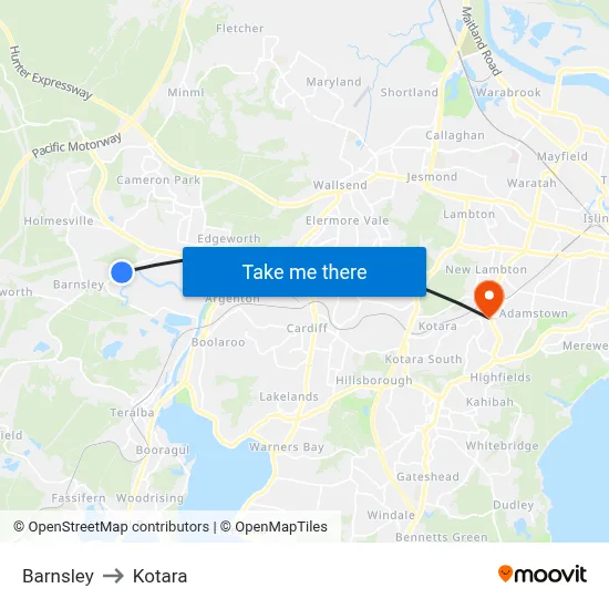Barnsley to Kotara map