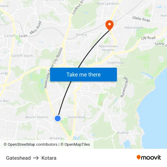 Gateshead to Kotara map