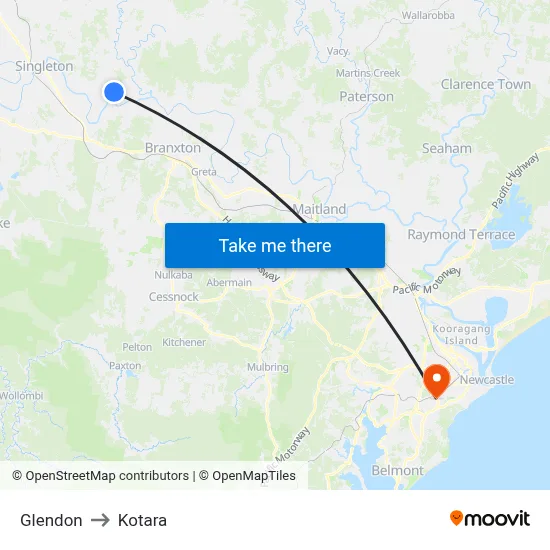 Glendon to Kotara map
