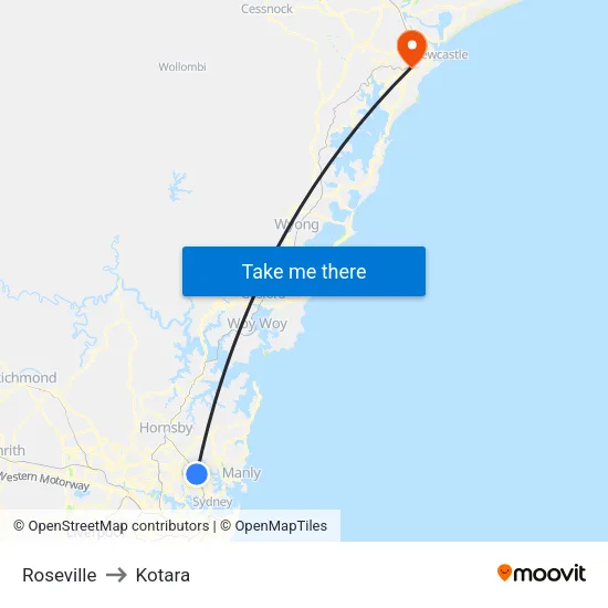 Roseville to Kotara map
