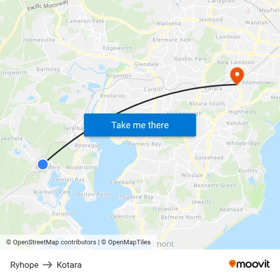 Ryhope to Kotara map