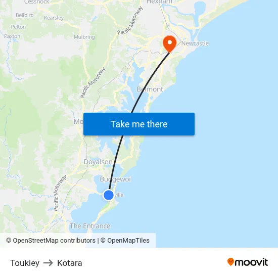 Toukley to Kotara map