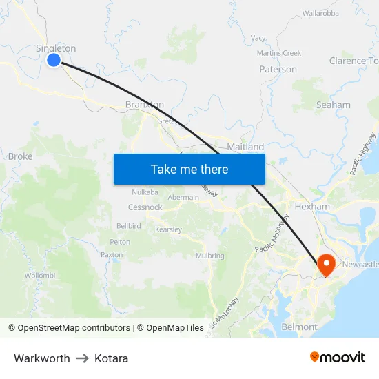 Warkworth to Kotara map