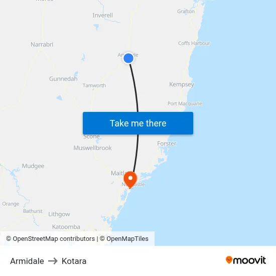 Armidale to Kotara map