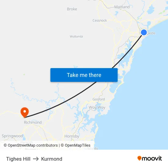 Tighes Hill to Kurmond map