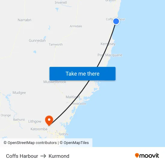 Coffs Harbour to Kurmond map