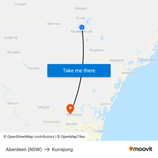 Aberdeen (NSW) to Kurrajong map