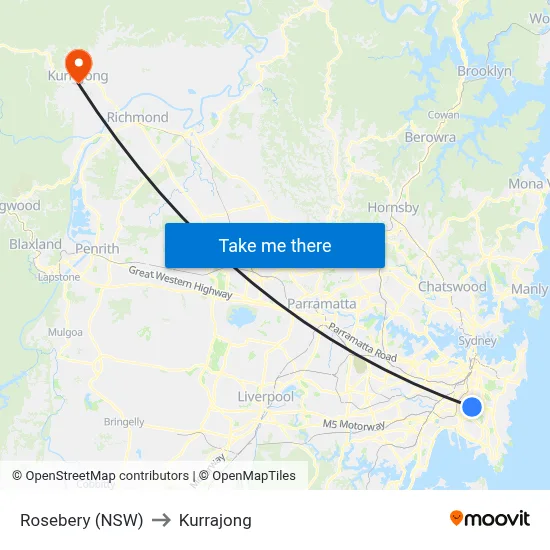 Rosebery (NSW) to Kurrajong map