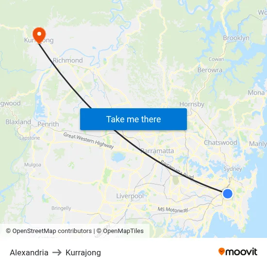 Alexandria to Kurrajong map