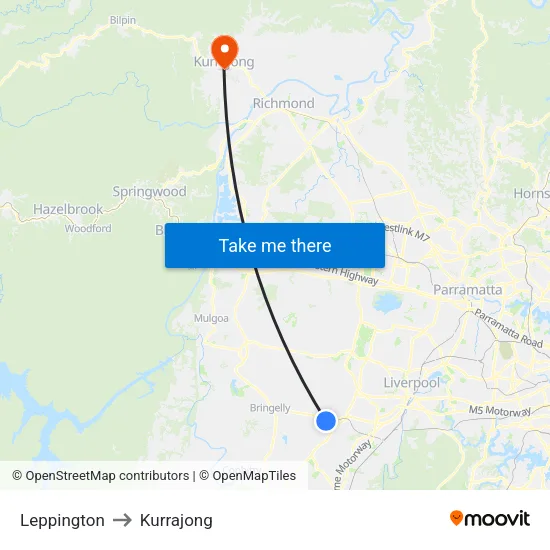 Leppington to Kurrajong map