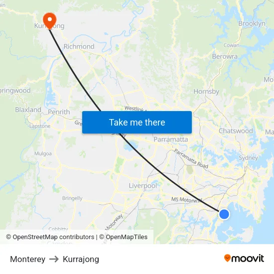 Monterey to Kurrajong map