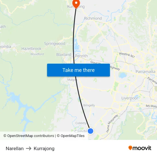 Narellan to Kurrajong map