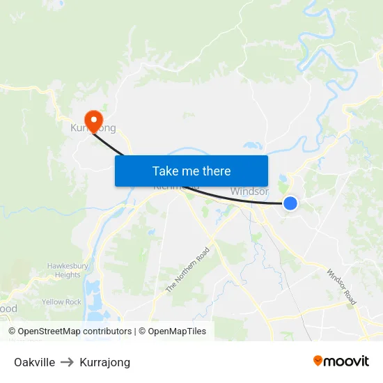 Oakville to Kurrajong map
