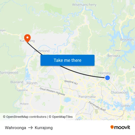 Wahroonga to Kurrajong map