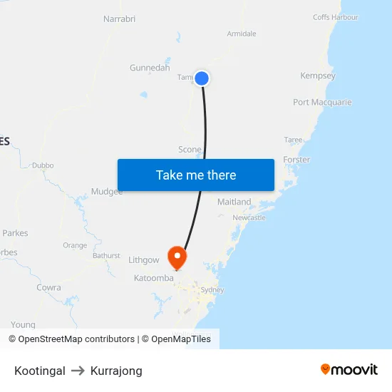Kootingal to Kurrajong map