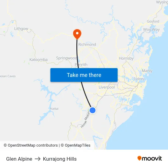 Glen Alpine to Kurrajong Hills map