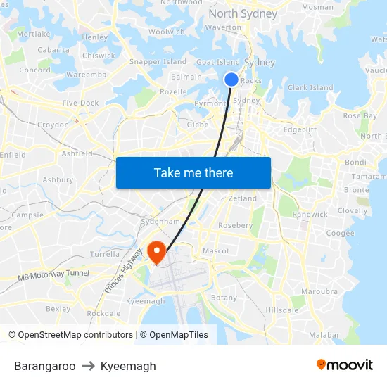 Barangaroo to Kyeemagh map