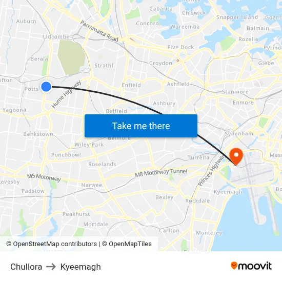 Chullora to Kyeemagh map
