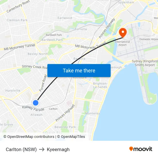 Carlton (NSW) to Kyeemagh map