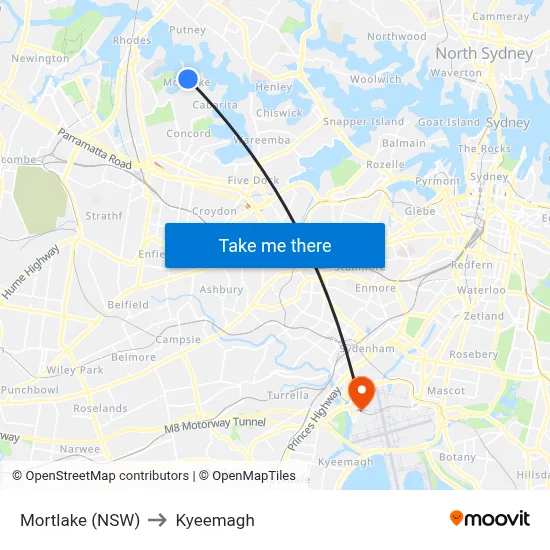 Mortlake (NSW) to Kyeemagh map