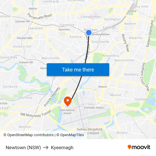 Newtown (NSW) to Kyeemagh map