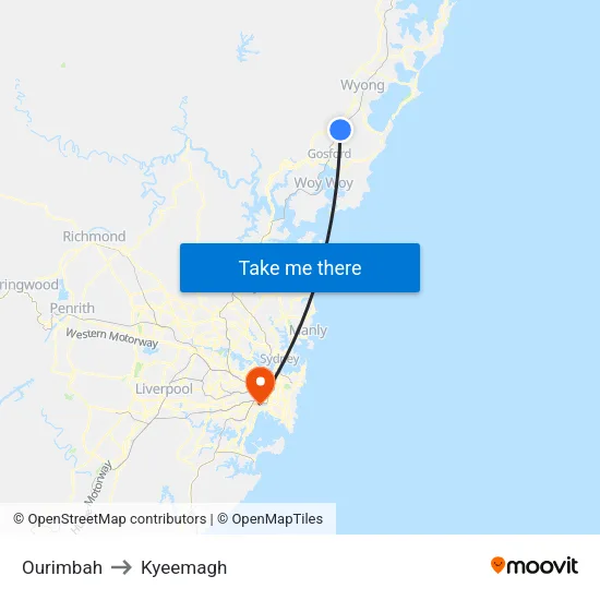 Ourimbah to Kyeemagh map