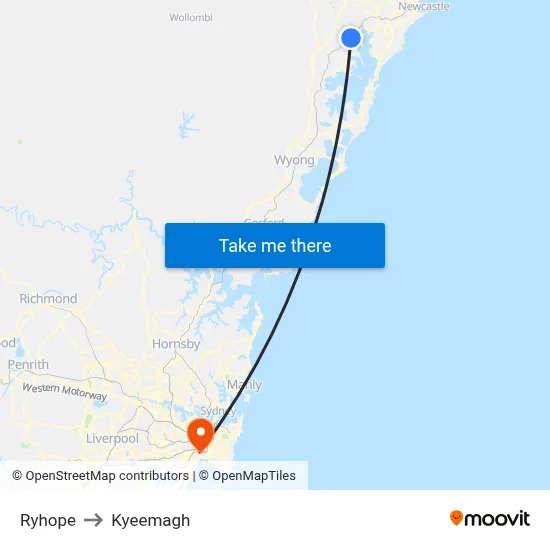 Ryhope to Kyeemagh map