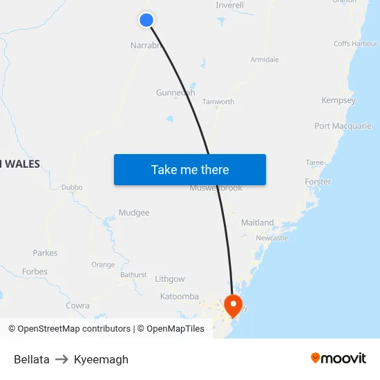 Bellata to Kyeemagh map