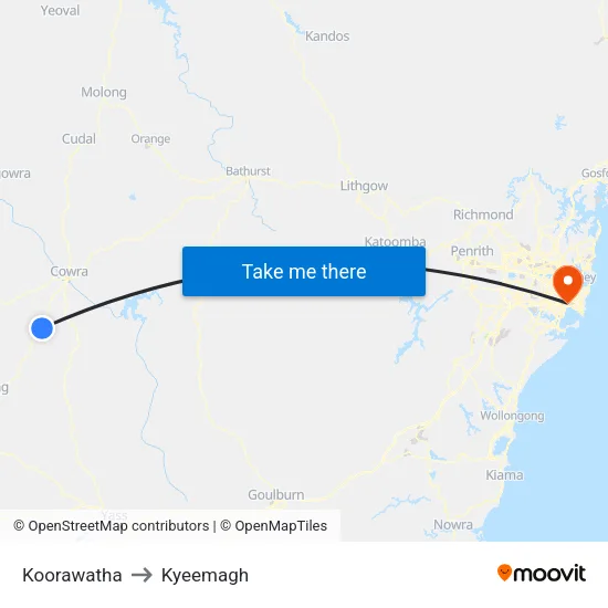 Koorawatha to Kyeemagh map