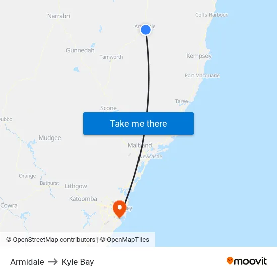 Armidale to Kyle Bay map
