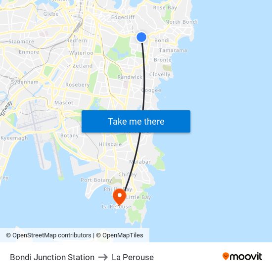 Bondi Junction Station to La Perouse map